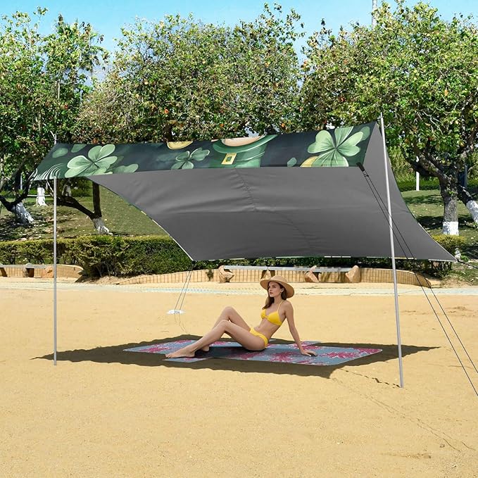 xigua St. Patrick's Day Beach Tent Sun Shelter with Carrying Bag - Silver Coated Oxford Fabric Beach Canopy for Beach Camping Fishing - Includes Windproof Ropes Sandbags &amp Stakes