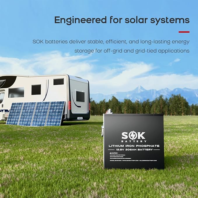 SOK Battery 12V 206Ah LiFePO4 Lithium Battery Deep Cycle Lithium Iron Phosphate Battery with Low-Temp Protection &amp Built-in Heater Suitable for RV and Solar &amp Wind Off-Grid Use