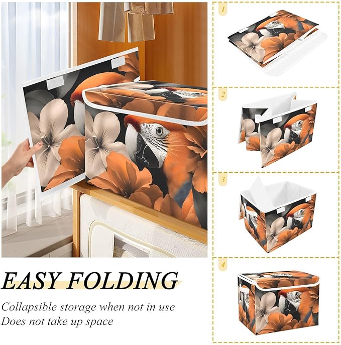 AIXIWAWA Lidded Storage Cube (Parrot Floral) Fabric Foldable Closet Bins with Flip Lid and Handles Organizer Basket Container 16.5 x 12.6 x 11.8 IN