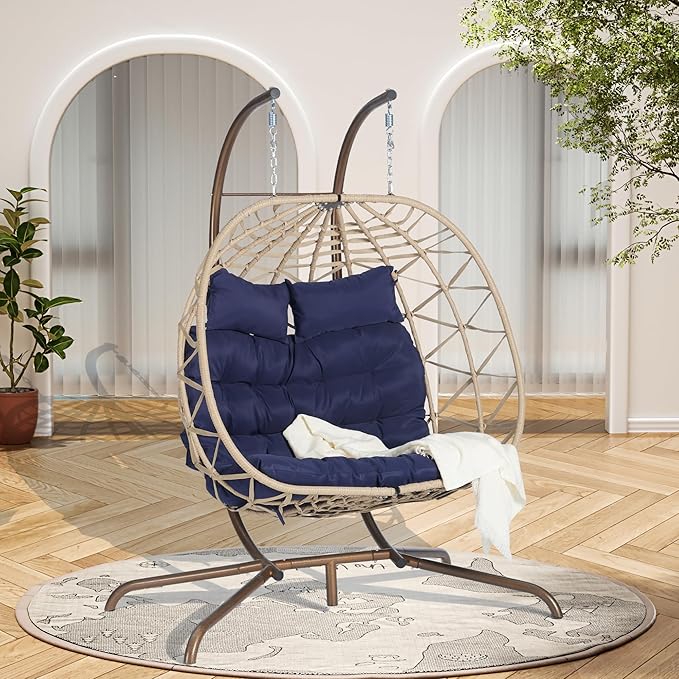 KEIKI Double Swing Egg Chair with Stand Patio Rattan Wicker Hammock Egg Chair with UV Cushion 2 Person Outdoor Indoor Hanging Basket Chair 600LBS Capacity for Balcony Dark Blue and Khaki