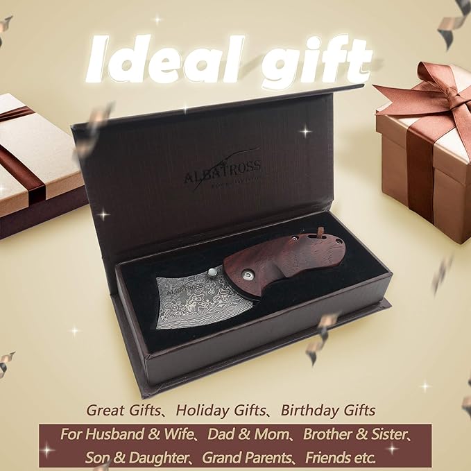 ALBATROSS Premium EDC Mini Damascus Folding Pocket Knife - 2 Blade Genuine Sandalwood Handle Liner Lock Everyday Carry for Camping Hunting Outdoor Adventures Great Gift for Men - HGDK002
