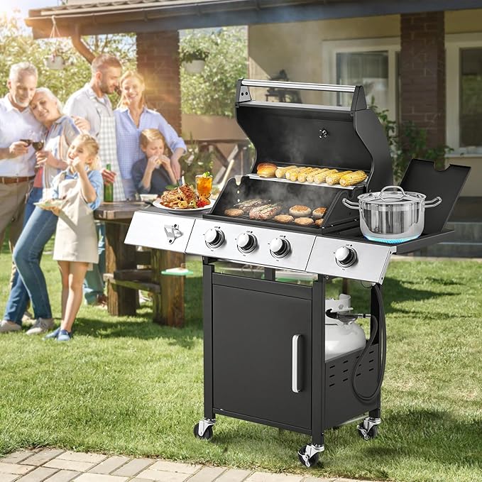 MELLCOM Upgraded 36000 BTU Stainless Steel Burner Barbecue Grill 3 Burner BBQ Propane Gas Grill with Cast Iron Grates &amp Side Stove for Patio Camping Outdoor Cooking