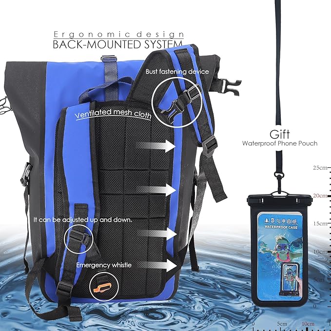 Dry Bags Waterproof Backpack Waterproof backpack for Water sportsboatingFloatinghiking camping and other outdoor activities 25L.(Blue)