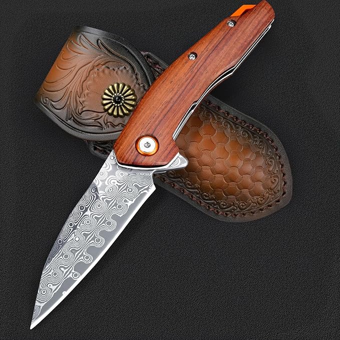 Zingbee Damascus Pocket Knife for Men Women 3.03 Damascus Blade Folding Knife for EDC Outdoor Fishing Camping Hiking Wooden Handle Pocket Knives with Leather Sheath
