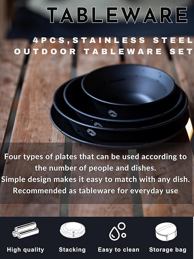 CAMPINGMOON Camping Tableware Set Stainless Steel Camping Plates Bowl Stackable Outdoor Dinnerware Canvas Carry Case Camping Hiking Picnic