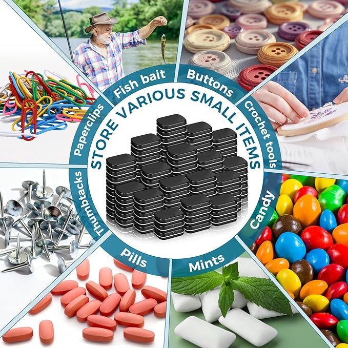 100 Pcs Metal Hinged Tin Box Rectangular Small Tin Container with Lid Mini Portable Tinplate Storage Box for Drawing Pin Candies Jewelry Crafts Button Pill 2.4 x 1.8 x 0.6 Inch (Black)