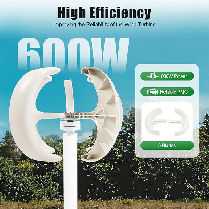 Wind Turbine Generators Kit 12/24V 600W Lantern 5-Blade Vertical Axis Wind Turbine Generator with Axis Controller (12V)