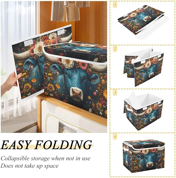 AIXIWAWA Lidded Storage Cube (Cow Flowers) Fabric Foldable Closet Bins with Flip Lid and Handles Organizer Basket Container 16.5 x 12.6 x 11.8 IN