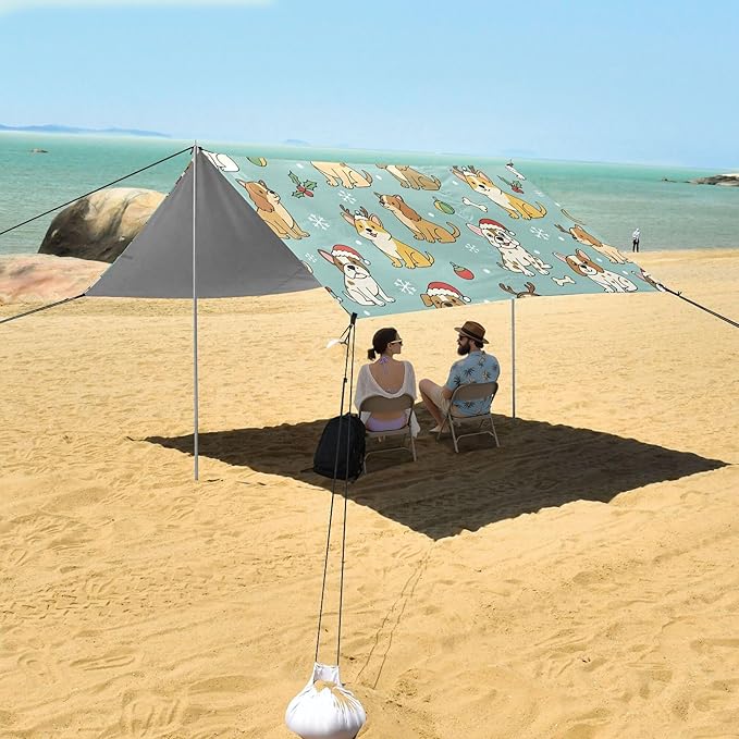 Christmas Dog Beach Canopy Sun Shelter with Sandbags &amp Sand Shovel &amp Windproof Ropes - Portable 110x126 Beach Shade Beach Tent for Camping Picnics