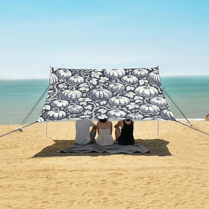 Pumpkins Pattern Beach Tent Sun Shelter Set UPF50+ UV Protection 10.5 x 9.19 FT Camping Shade Canopy with Sandbags Sand Anchors Carrying Bag and Others