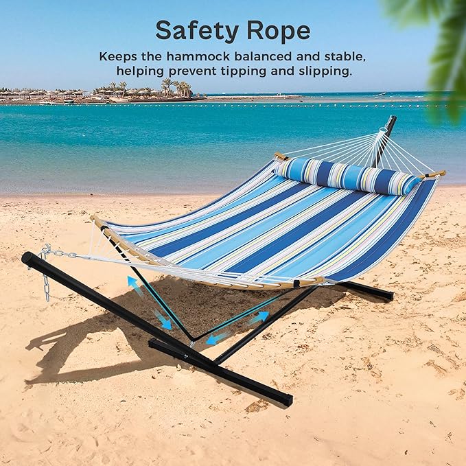 SUPERJARE Curved-Bar Hammock with Stand 2 Person Heavy Duty Hammock Frame Detachable Pillow &amp Portable Carrying Bag Perfect for Outdoor &amp Indoor Holiday Voyage Stripe