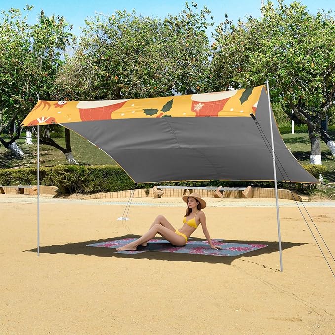 Ho Ho Ho Pattern Funny Christmas Amber Beach Tent UPF50+ Easy Setup Sun Shelter with Sand Shovel for Camping Fishing Backyard Fun