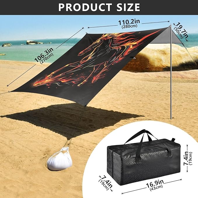 ALAZA Running Horse Flame Beach Tent Sun Shelter UPF50+ Protection Beach Shade Canopy w/ 4 Sandbags for Outdoor Camping Fishing Backyard Fun Picnic 10x9 ft