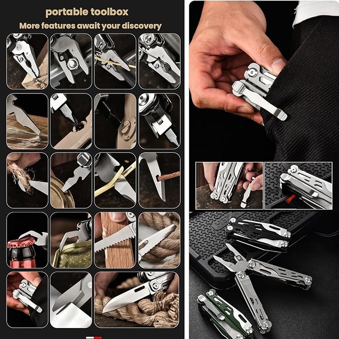 Multitool 20-in-1 Full-Size Lightweight EDC Tactical Gear Camping Knives &amp Tools Gift Ideas for Men Equipment for Emergencies Hiking and Outdoor Camping Multi-Purpose Pliers (Black)