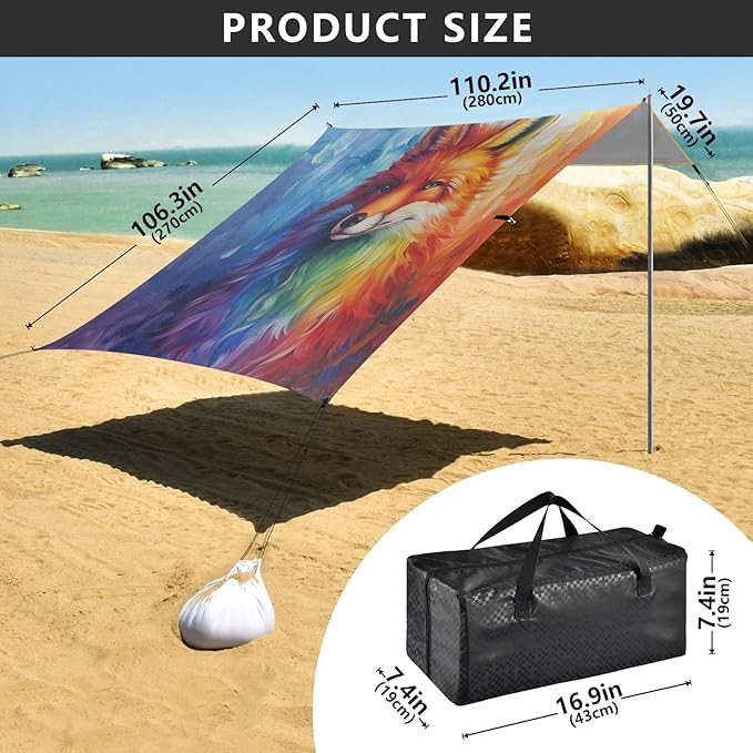 ALAZA Fox Rainbow Painting Beach Tent Sun Shelter UPF50+ Protection Beach Shade Canopy w/ 4 Sandbags for Outdoor Camping Fishing Backyard Fun Picnic 10x9 ft
