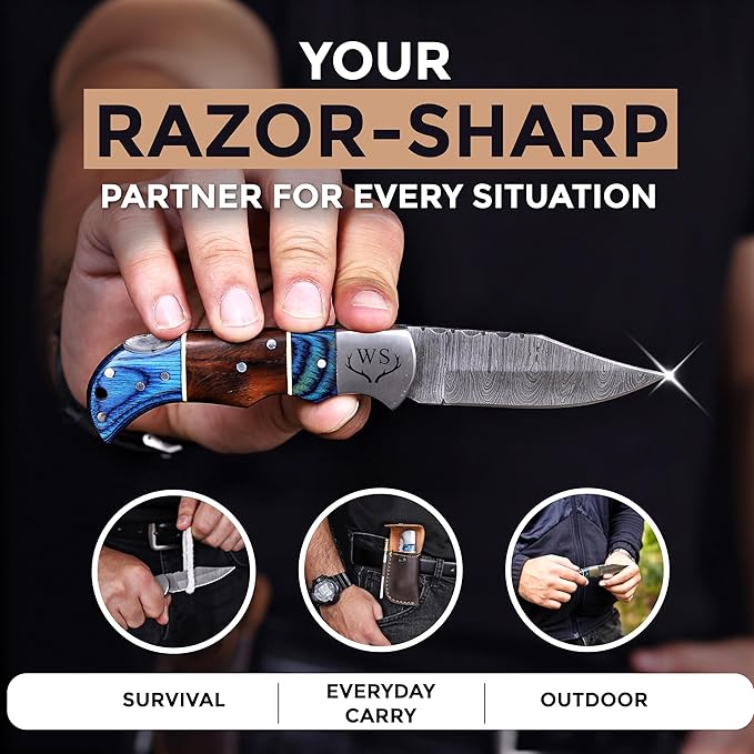 Custom Pocket Knife gifts for Men Personalized Damascus Folding Knife Engraved Gifts for Him Dad Boyfriend Husband Anniversary Groomsmen Gifts. Custom Knife for Camping Hunting Everyday Carry (