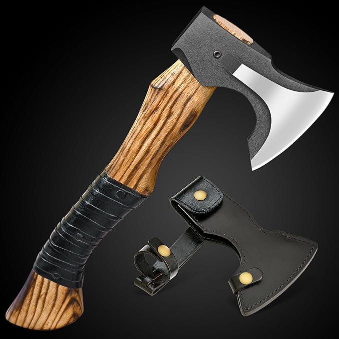 14” Hatchet Axe Camping Hatchet Hand Forged Axe with Sheath for Wood Chopping Splitting &amp Carving Bushcraft Axe with Ash Wood Handle for Outdoor &amp Survival