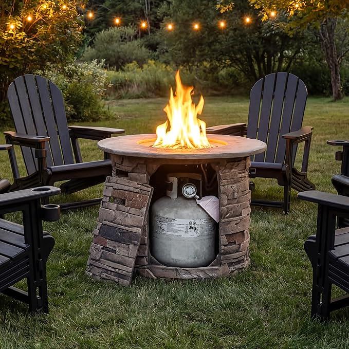 COSIEST Outdoor Propane Concrete Fire Pit Table w Imitation Stone Surface 32-inch Round Fire Table Certified 40000 BTU Stainless Steel Burner Free Lava Rocks Fits 20lb Tank Inside