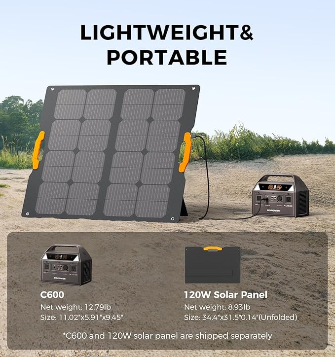 C600 Solar Generator with 120W Solar Panel - 600W Portable Power Station(Surge 1200W) AC Output 595Wh LiFePO4 Battery for Camping Travel RV Emergency Power Backup(Brown)