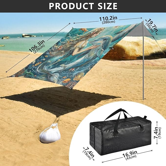 ALAZA Sea Mermaid with Dolphins Fish Beach Tent Sun Shelter Portable Canopy Sunshade for Outdoor Camping Picnics Backyard Fun 10x9 ft
