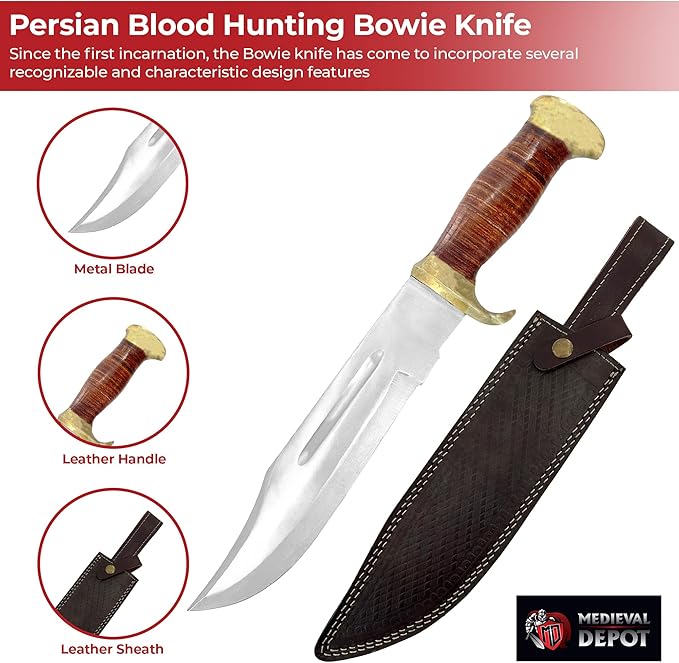 MedievalDepot Persian Blood Hunting Bowie Knife | 440 Stainless Steel | Leather Handle | Brass Accents | Sheath Included