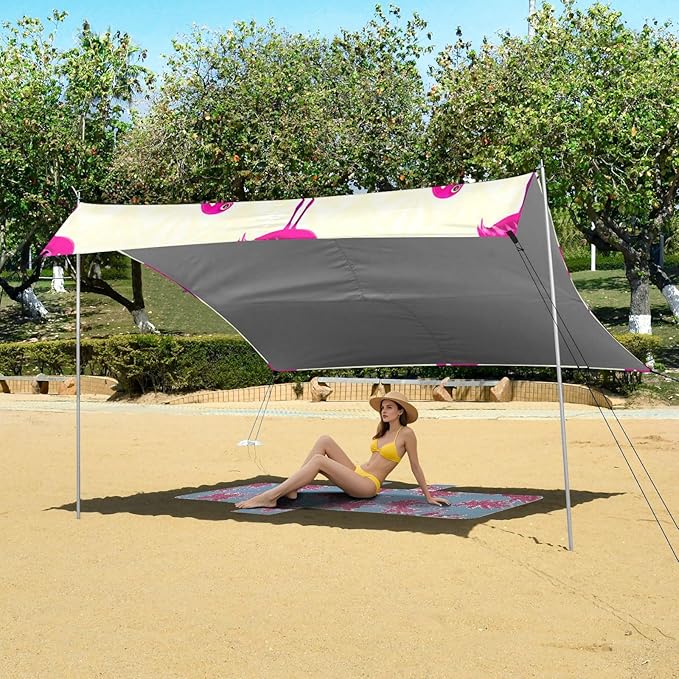xigua Flamingo Beach Tent Sun Shelter with Carrying Bag - Silver Coated Oxford Fabric Beach Canopy for Beach Camping Fishing - Includes Windproof Ropes Sandbags &amp Stakes