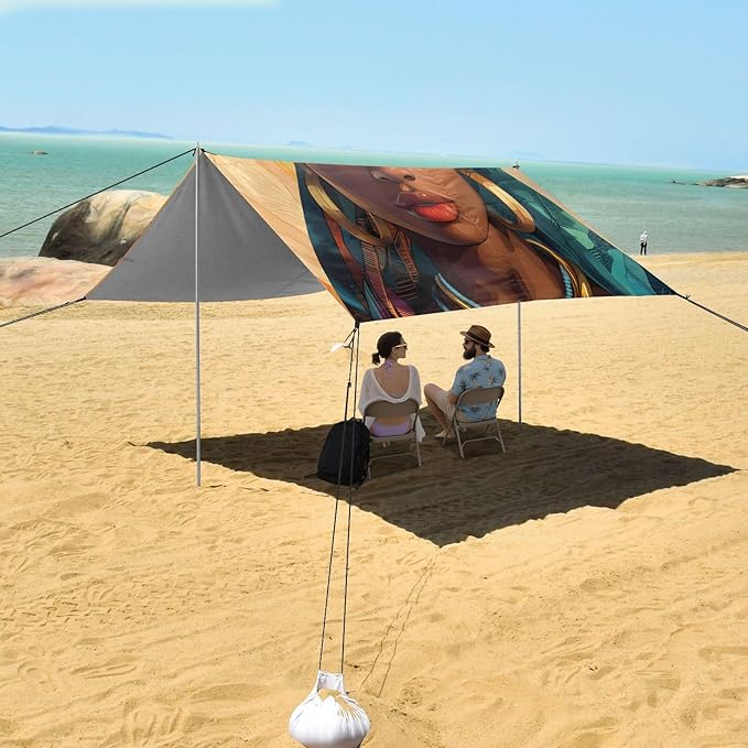 ALAZA African American Woman Ethnic Beach Tent Sun Shelter UPF50+ Protection Beach Shade Canopy w/ 4 Sandbags for Outdoor Camping Fishing Backyard Fun Picnic 10x9 ft