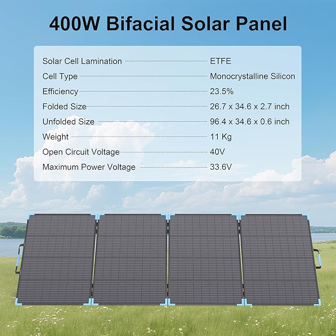 400W Bifacial Portable Solar Panel for Power Station 23.5% High Efficiency ETFE Foldable Solar Charger for Camping EssentialsIP68 Waterproof 3 Reinforced Kickstands for RV Off-Grid Blackouts