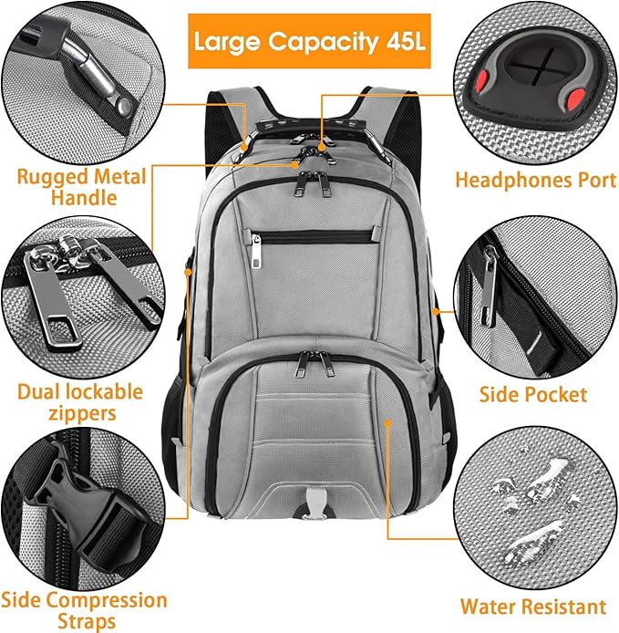 LTINVECK Extra Large 50L Travel Laptop Backpack Computer bag Backbag TSA Friendly Durable Big RFID Heavy Duty Business Tech Backpack Fits 17 Inch Laptops for Men Women Grey