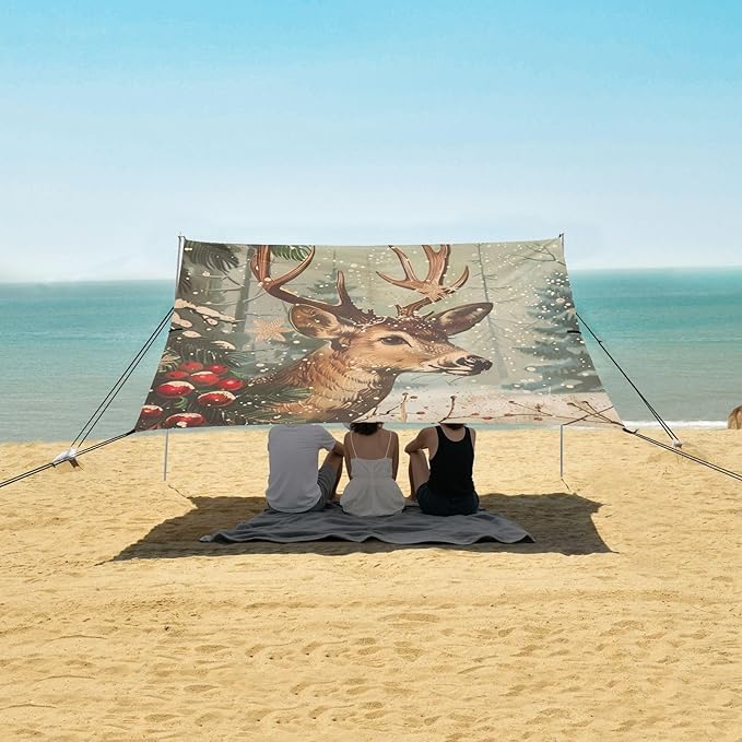 ALAZA Vintage Christmas Deer Snow Tree Beach Tent Sun Shelter Portable Canopy Sunshade for Outdoor Camping Picnics Backyard Fun 10x9 ft