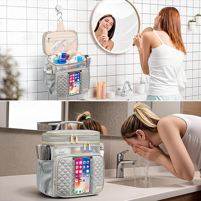 Large Leather Toiletry Bag for Women MenBathroom BagWater Resistant Shower BagMakeup BagPortable Shower Caddy for College DormHanging Travel Toiletry Bag with Transparent Waterproof Phone Pocket