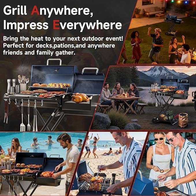 Portable Charcoal Grill with Smoking Function Foldable Suitcase Design with Wheels Multi-Tier Storage Rack &amp Waterproof Cover for Outdoor BBQ Parties (Blue)