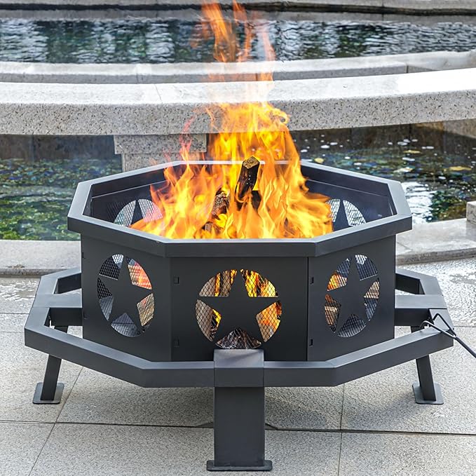 Panovue 35 inch Fire Pit for Outside Heavy Duty Wood Burning Fire Pits with Fire Poker Outdoor Octagonal Firepit for Camping Yard Patio