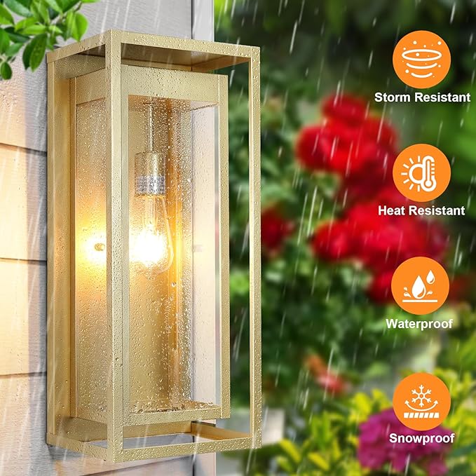 Large Outdoor Wall Sconce 2 Pack 19 Gold Outdoor Light Fixture Exterior Lighting Fixtures Anti-Rust Porch Lights with Clear Glass for Front Door Garage