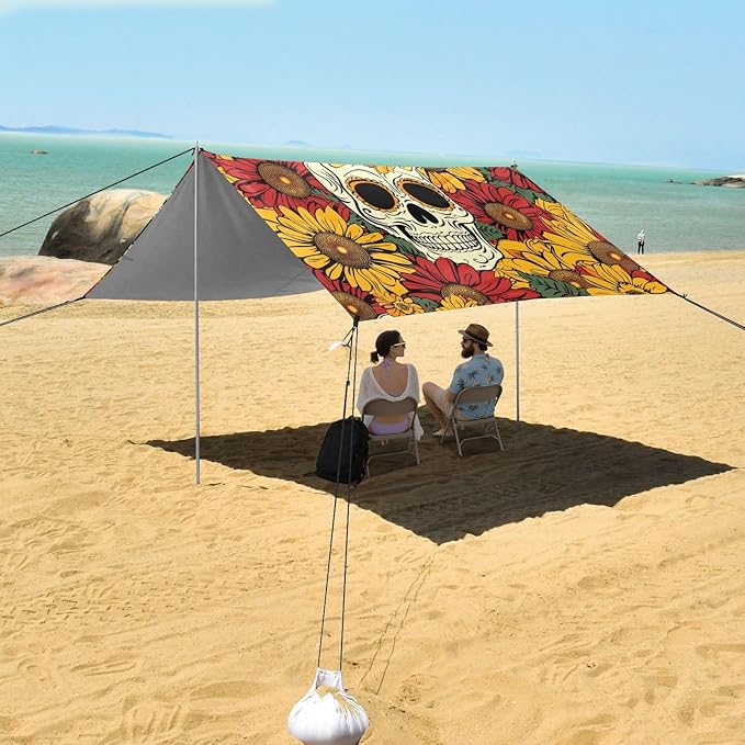 ALAZA Dia De Los Day of The Dead Muertos Skull Flower Seamless Beach Tent Sun Shelter Portable Canopy Sunshade for Outdoor Camping Picnics Backyard Fun 10x9 ft