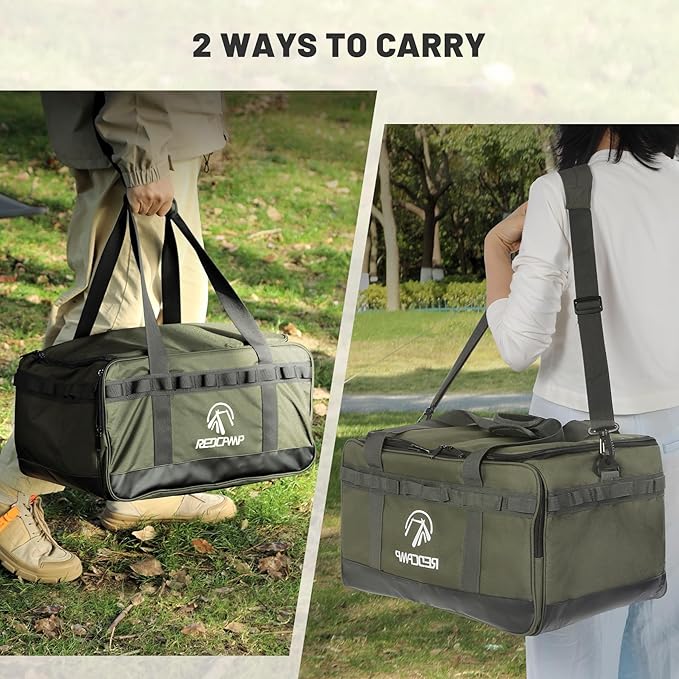 REDCAMP Camping Tote Organizer 35L Tactical Duffel Bag Waterproof Camp Storage Organizer with 3 Adjustable Dividers and Shoulder Strap for Outdoor Transport Army Green
