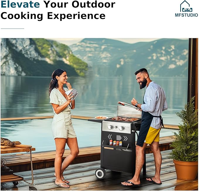 MFSTUDIO 2-Burner Propane Gas BBQ Grill with Cast Iron Griddle Pan 20000 BTU Output Small Barbecue Grill for Outdoor Patio Backyard and Balcony