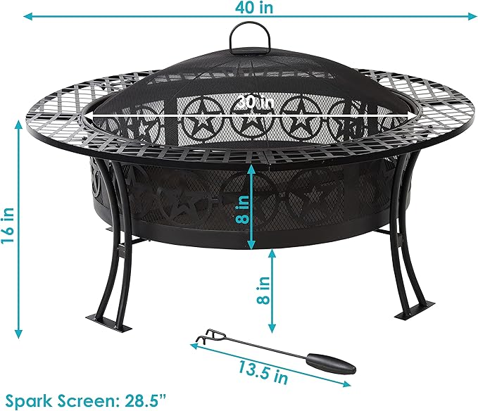 Sunnydaze 40-Inch Round Steel Fire Pit Table with Durable Spark Screen and Poker - Portable Design - Black - Four Star