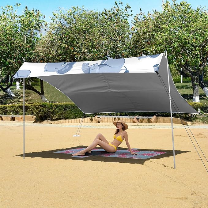 ALAZA Cute Elephant Cartoon Beach Tent Sun Shelter UPF50+ Protection Beach Shade Canopy w/ 4 Sandbags for Outdoor Camping Fishing Backyard Fun Picnic 10x9 ft