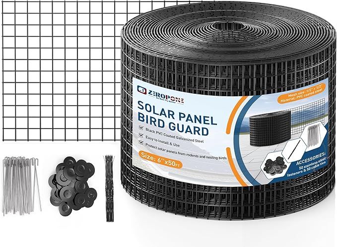 ZeroPone 6inch x 50ft Solar Panel Bird Guard Critter Guard for Solar Panels with 50 Pcs Stainless Steel Fasteners Removable PVC Coated Pigeon Netting Wire Roll for Squirrel Bird Critters Proofing