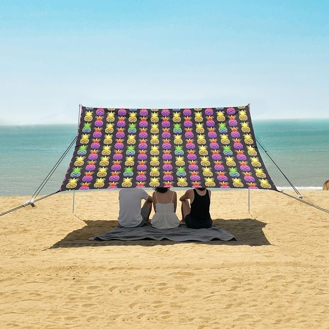 ALAZA Rainbow Pineapple Beach Tent Sun Shelter UPF50+ Protection Beach Shade Canopy w/ 4 Sandbags for Outdoor Camping Fishing Backyard Fun Picnic 10x9 ft