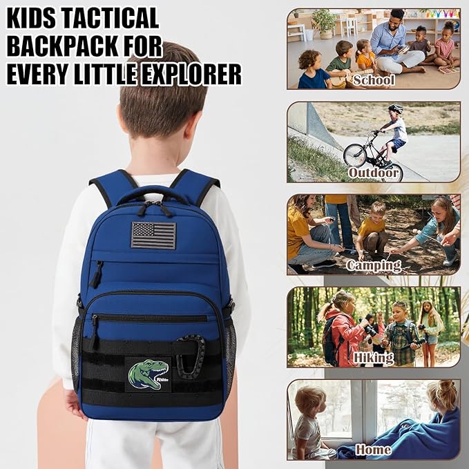 Kids Tactical Backpack Army Molle Bookbag Military Boys Backpack for School Outdoor Camping (Includes 2 Patches+1Carabiner) Blue