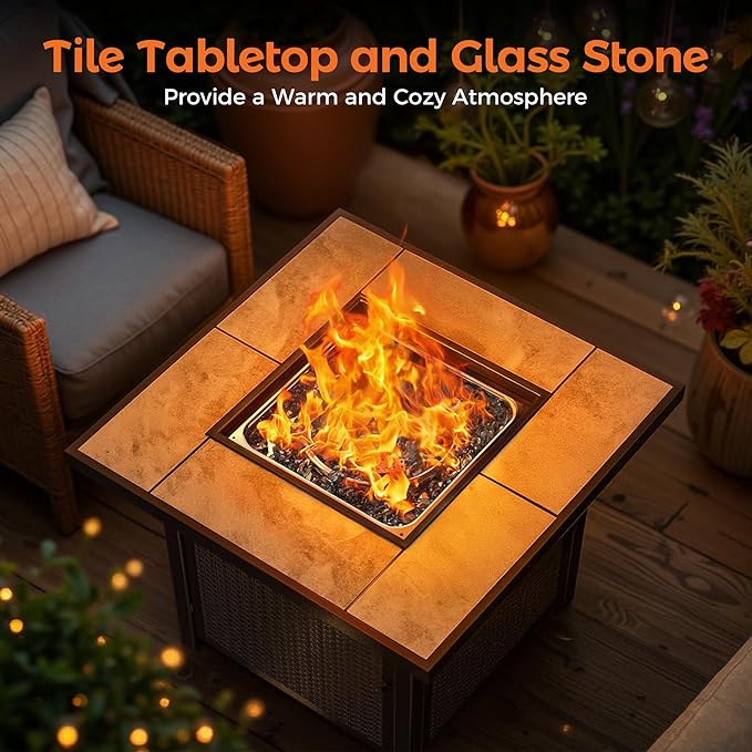 BALI OUTDOORS Propane Gas Fire Pit Table 32 inch 50000 BTU Square Gas Firepits for Outside Brown