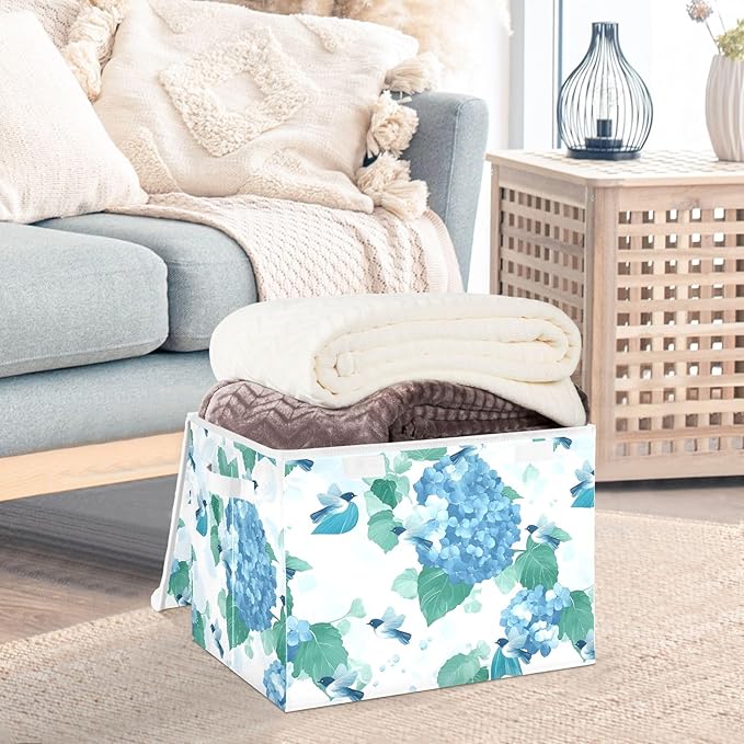 ALAZA Hydrangea Flower Bird Storage Bins Organizer Box Baskets Lidded Clothes for Shelves Closet Collapsible Stackable Storage Cubes Handles
