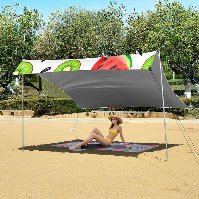 xigua Watermelon Slices Beach Tent Sun Shelter with Carrying Bag - Silver Coated Oxford Fabric Beach Canopy for Beach Camping Fishing - Includes Windproof Ropes Sandbags &amp Stakes