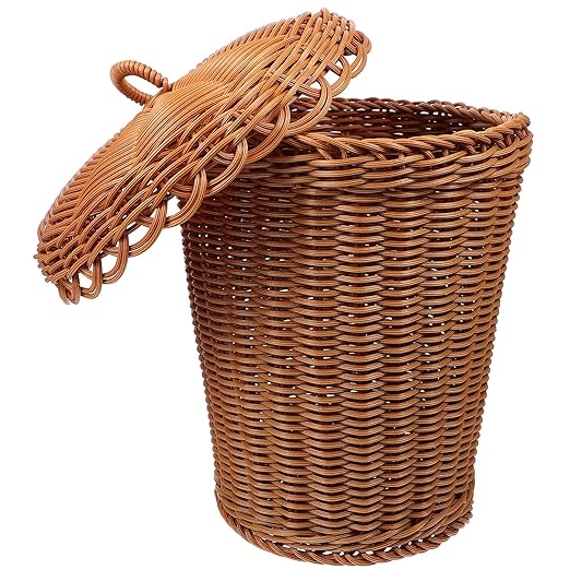 Alipis Imitation Rattan Woven Trash Basket with Lid 12.20X9.64X9.44 Inch Desktop Garbage Bin for Home Office Study Storage Organizer Sundries Container