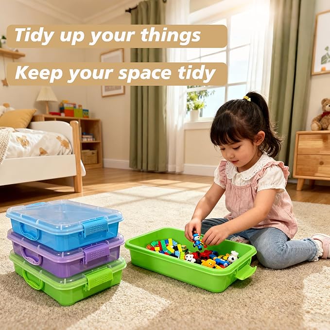 4 Qt (3.8L) Sensory Bin With Lid - 3 Pack Stackable Storage Sensory Bins with Lids Portable Sandbox Organizers Sand Arts Crafts (Blue Green Purple)