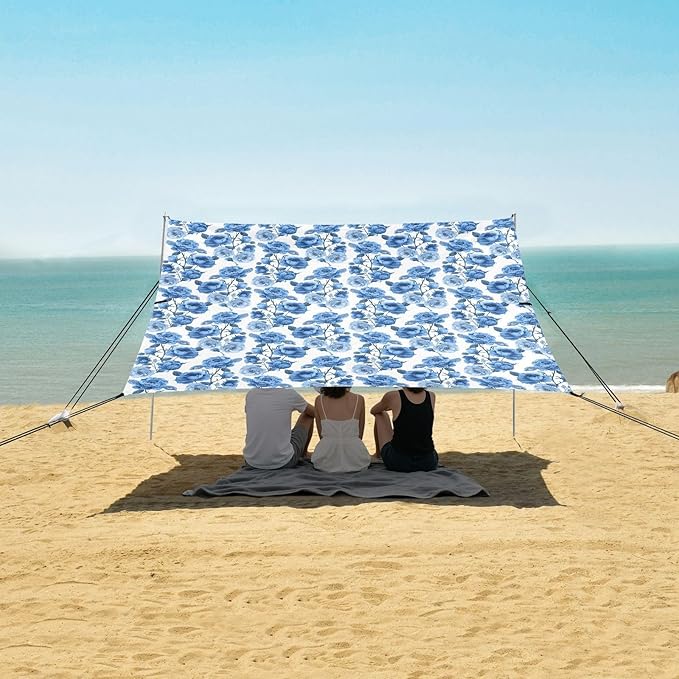 ALAZA Blue Rose Floral Flower Beach Tent Sun Shelter UPF50+ Protection Beach Shade Canopy w/ 4 Sandbags for Outdoor Camping Fishing Backyard Fun Picnic 10x9 ft
