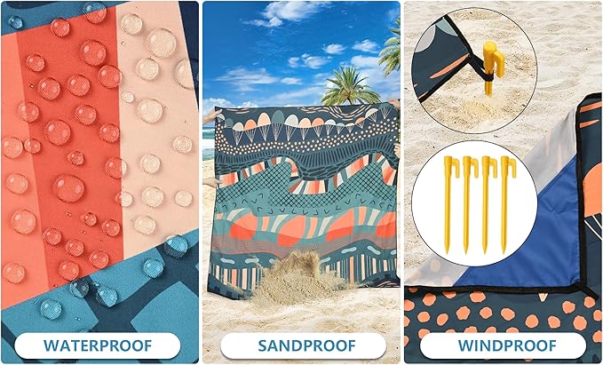 Beach Blanket Waterproof Sandproof Beach Mat 79 X 83/10'x9'for 2-8 Adults Quick Drying Outdoor Picnic Mat Beach Accessories for Travel Camping Hiking