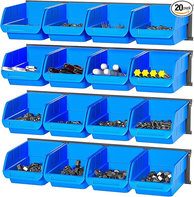 Ultrawall Wall Mounted Storage Bins Plastic Hanging Storage Organizer Bins Garage Tool Storage System for Screws Nuts Bolts Nails and Small Hardware Parts 16x bins &amp 4 x rails Blue